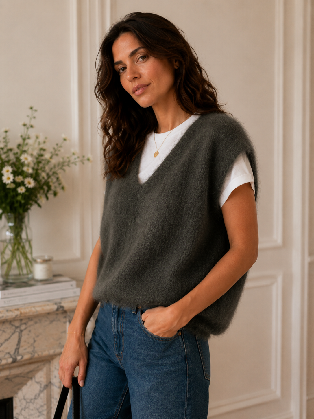 Pull kaki maille aérienne 80% mohair - Made in Italy LOUNAE