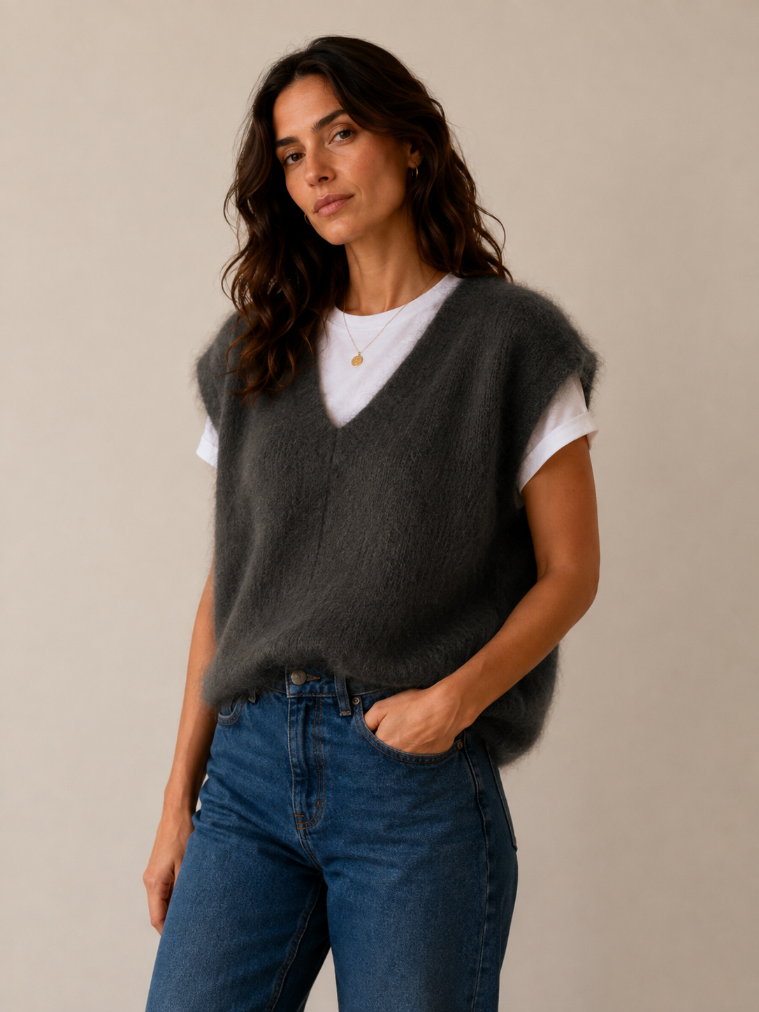 Pull kaki maille aérienne 80% mohair - Made in Italy LOUNAE