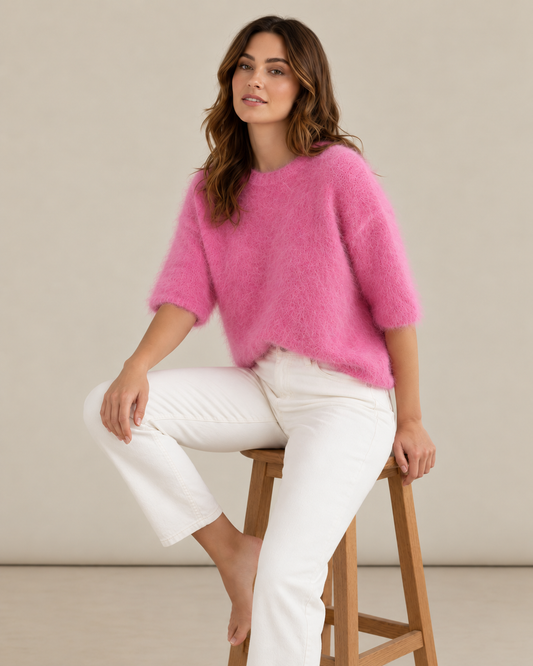 Pull rose manches courtes 80% kid mohair - Made in Italy LOUNAE