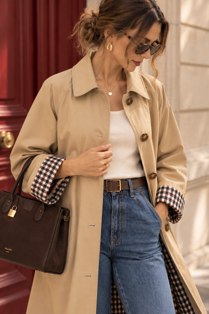 Trench long beige à carreaux LOUNAE