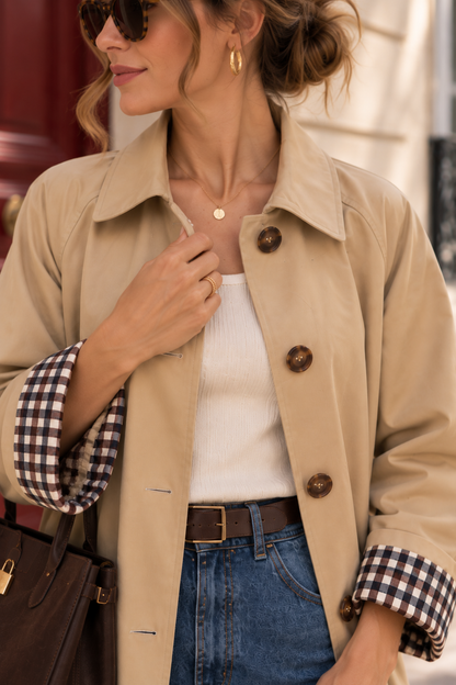Trench long beige à carreaux LOUNAE