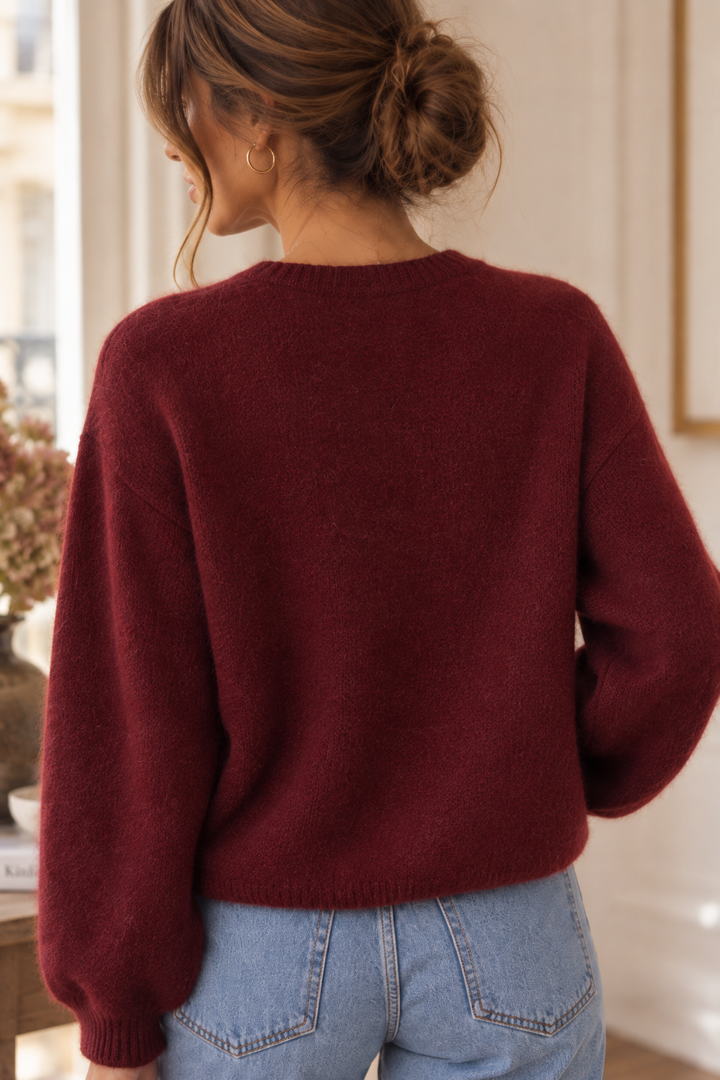 Cardigan manches courtes bordeaux en kid mohair LOUNAE