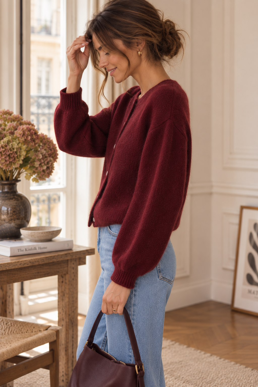 Cardigan manches courtes bordeaux en kid mohair LOUNAE