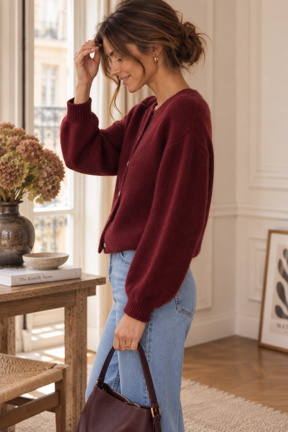 Cardigan manches courtes bordeaux en kid mohair LOUNAE
