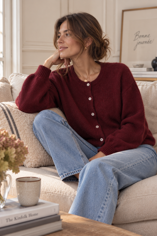 Cardigan manches courtes bordeaux en kid mohair LOUNAE