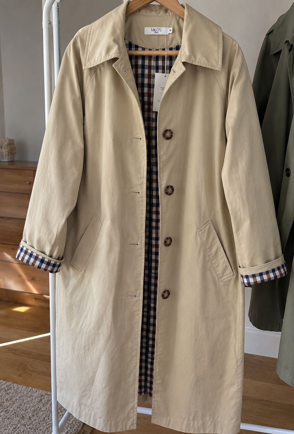 Trench long beige à carreaux LOUNAE