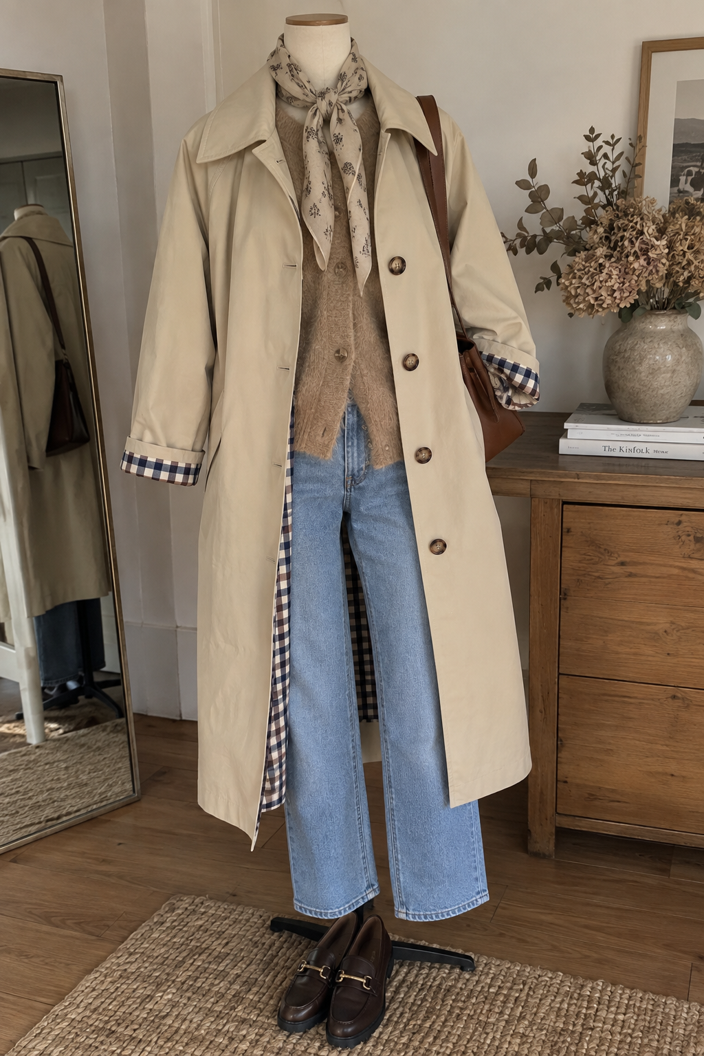 Trench long beige à carreaux LOUNAE