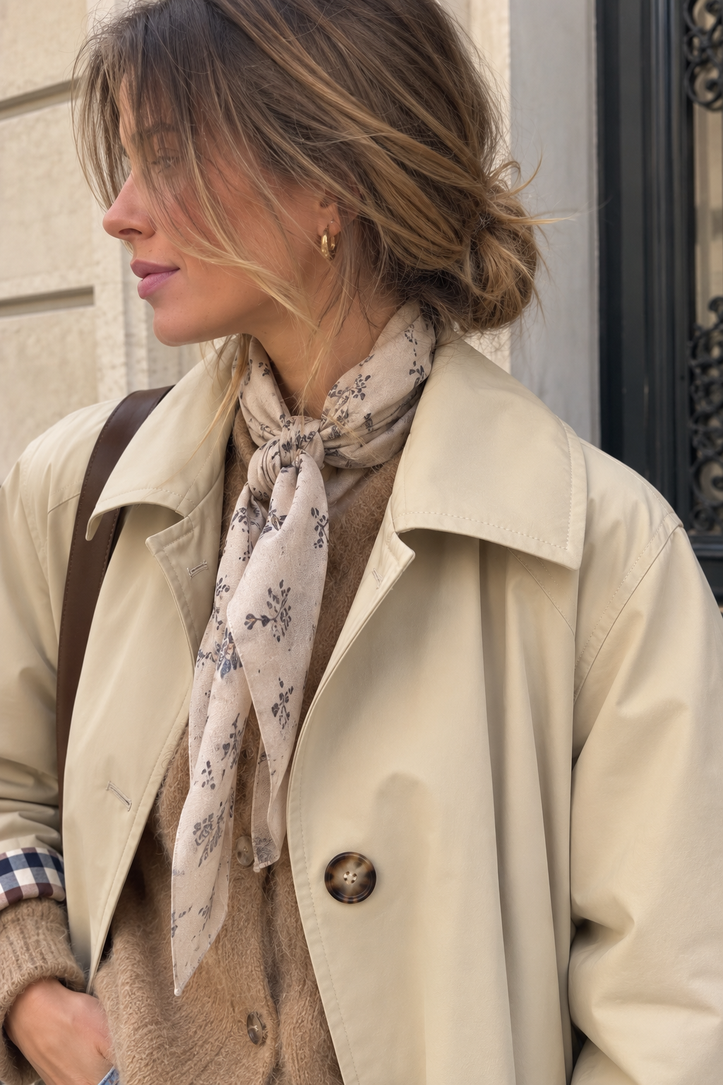 Trench long beige à carreaux LOUNAE