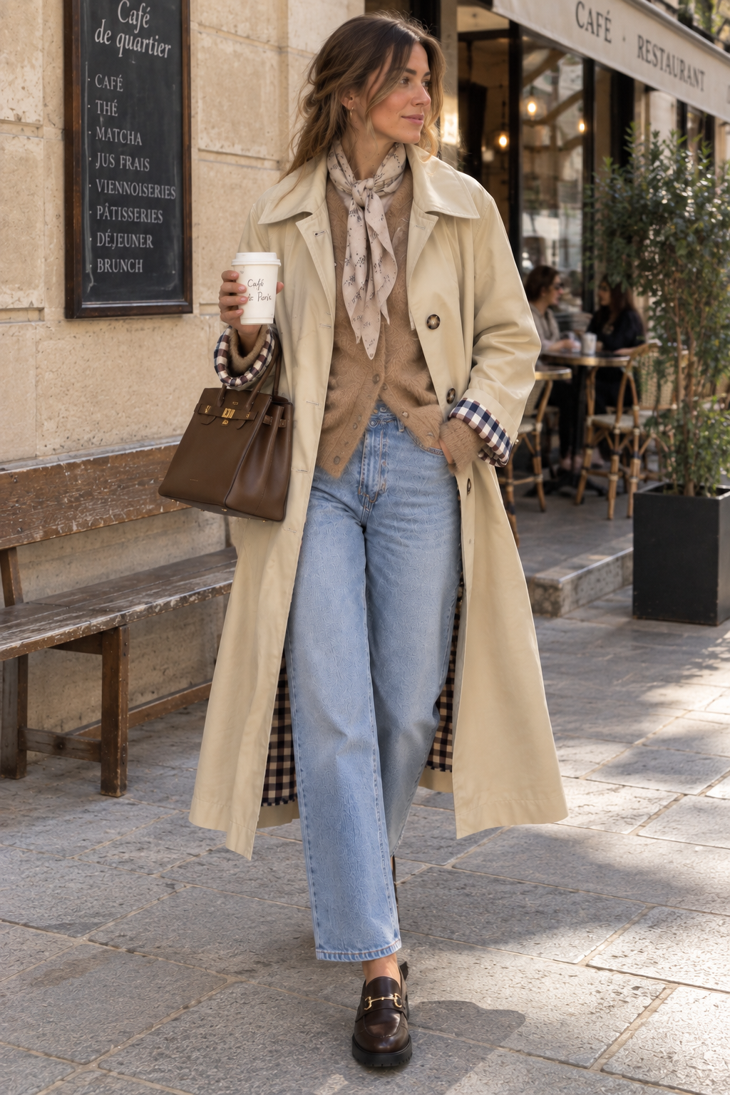 Trench long beige à carreaux LOUNAE