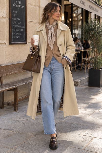 Trench long beige à carreaux LOUNAE