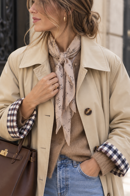Trench long beige à carreaux LOUNAE
