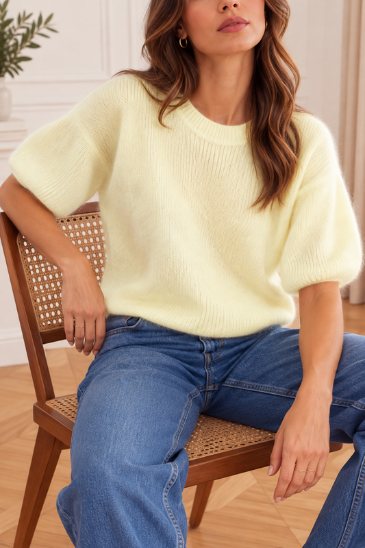 Pull Manches Courtes Jaune Clair Kid-Mohair LOUNAE