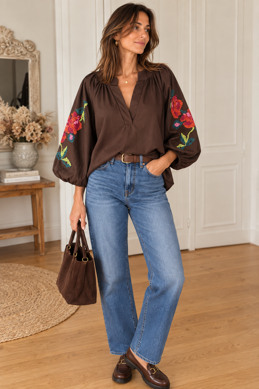 Blouse bohème marron manches ballon LOUNAE
