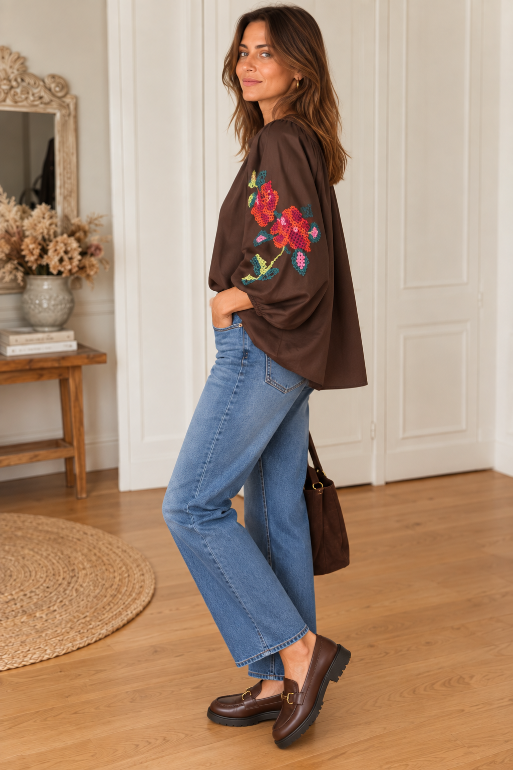 Blouse bohème marron manches ballon LOUNAE