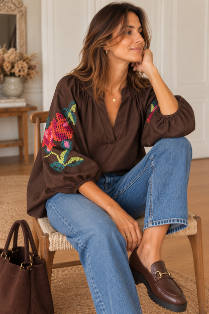Blouse bohème marron manches ballon LOUNAE