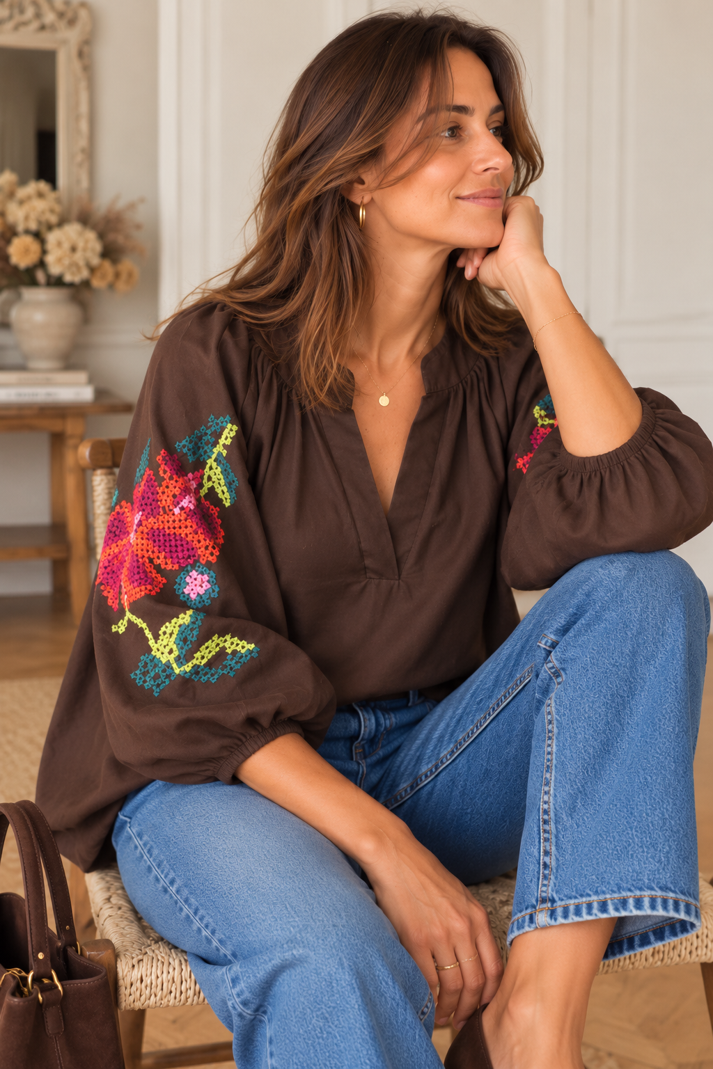 Blouse bohème marron manches ballon LOUNAE