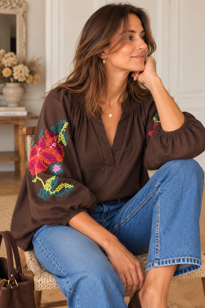 Blouse bohème marron manches ballon LOUNAE