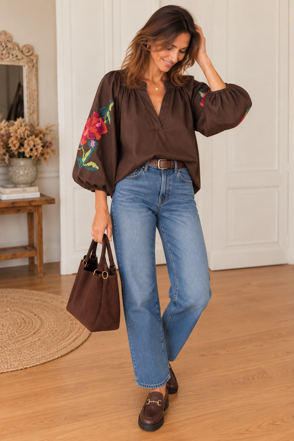 Blouse bohème marron manches ballon LOUNAE
