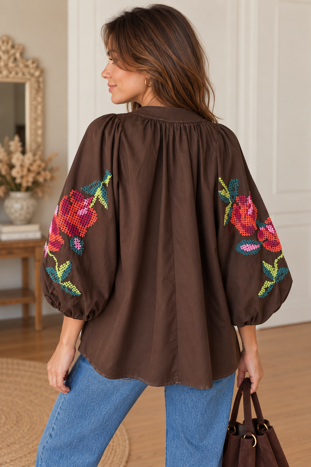 Blouse bohème marron manches ballon LOUNAE