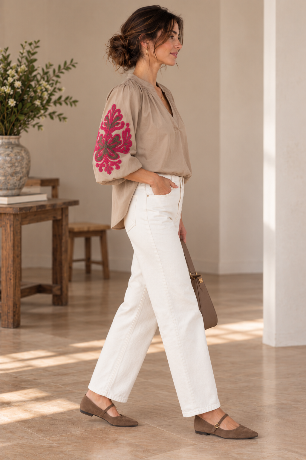 Blouse bohème Taupe manches ballon LOUNAE