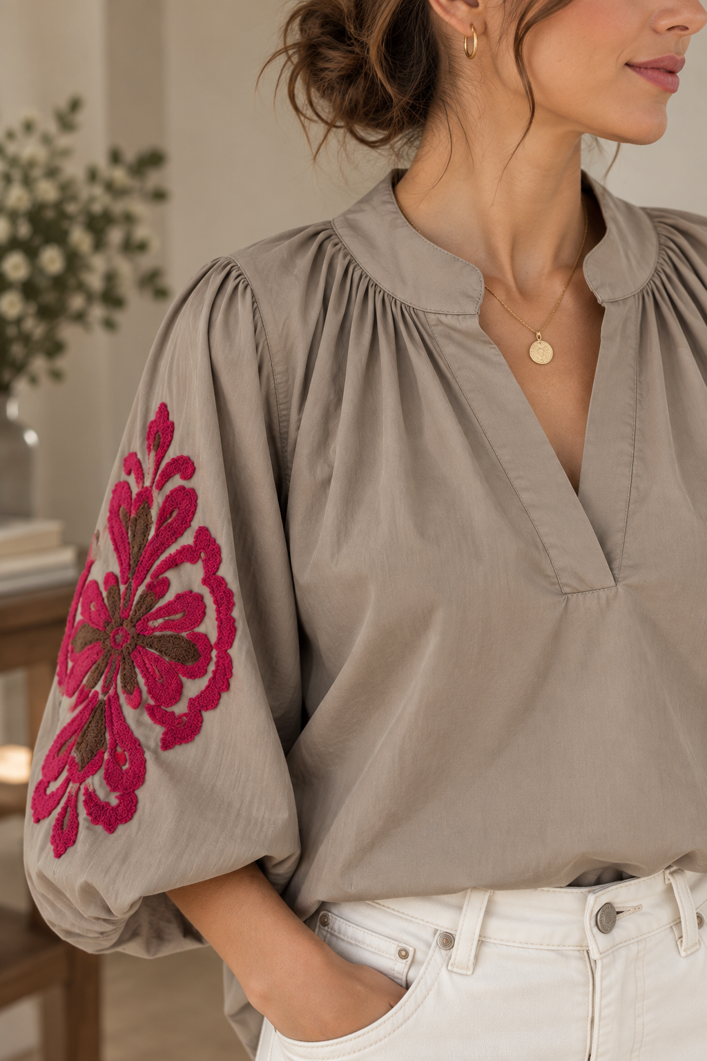 Blouse bohème Taupe manches ballon LOUNAE
