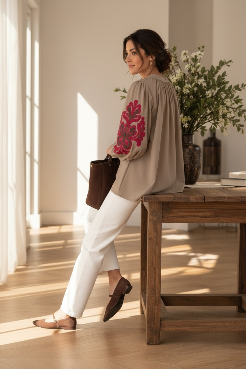 Blouse bohème Taupe manches ballon LOUNAE