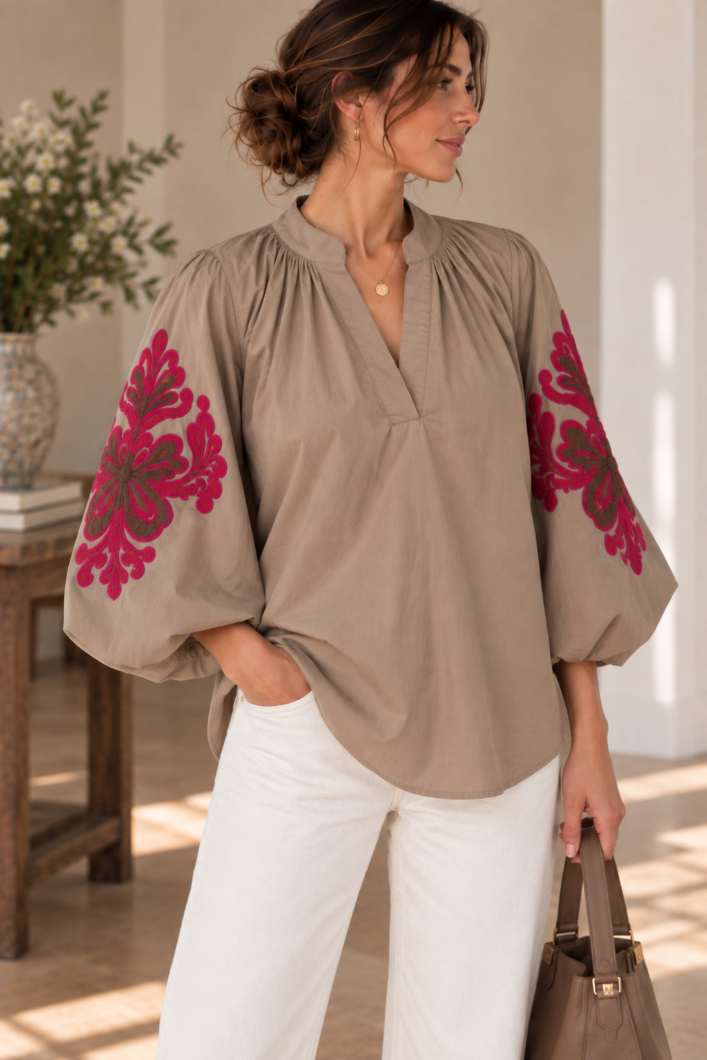Blouse bohème Taupe manches ballon LOUNAE