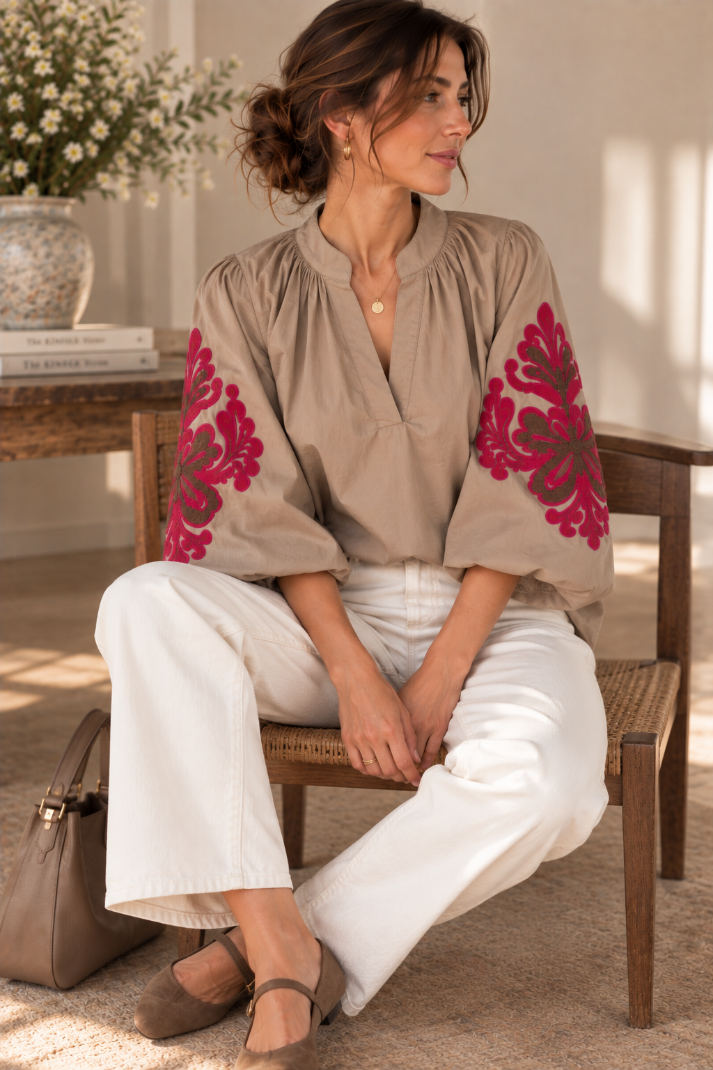 Blouse bohème Taupe manches ballon LOUNAE