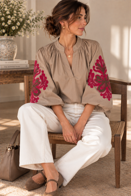 Blouse bohème Taupe manches ballon LOUNAE