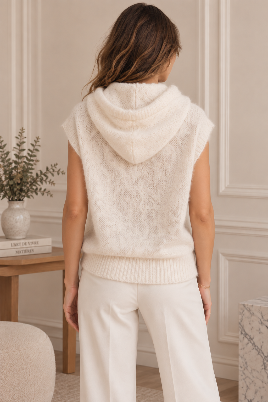 Pull Sans Manches à Capuche Blanc cassé Mohair LOUNAE