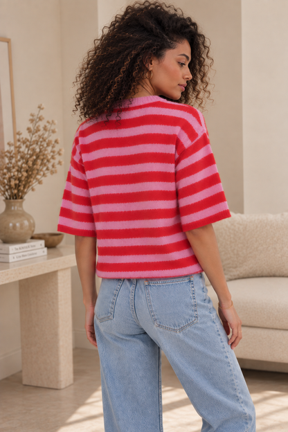 Cardigan Rayé Manches Courtes Rose et Rouge LOUNAE
