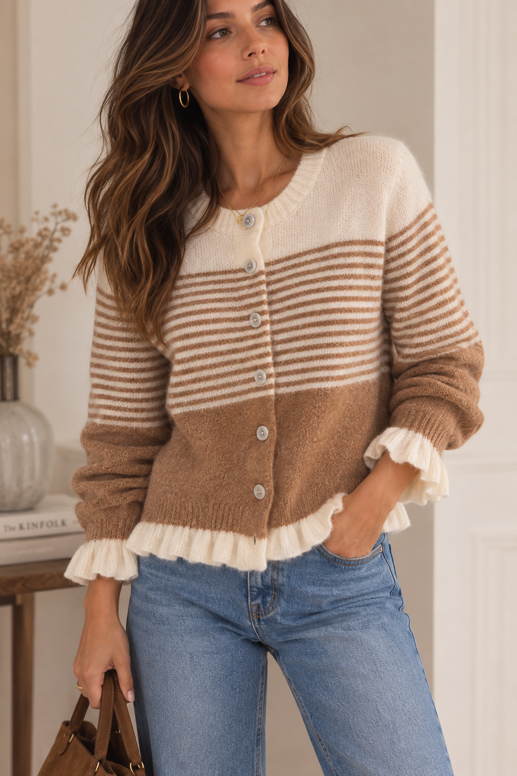 Gilet rayé Camel et Beige LOUNAE