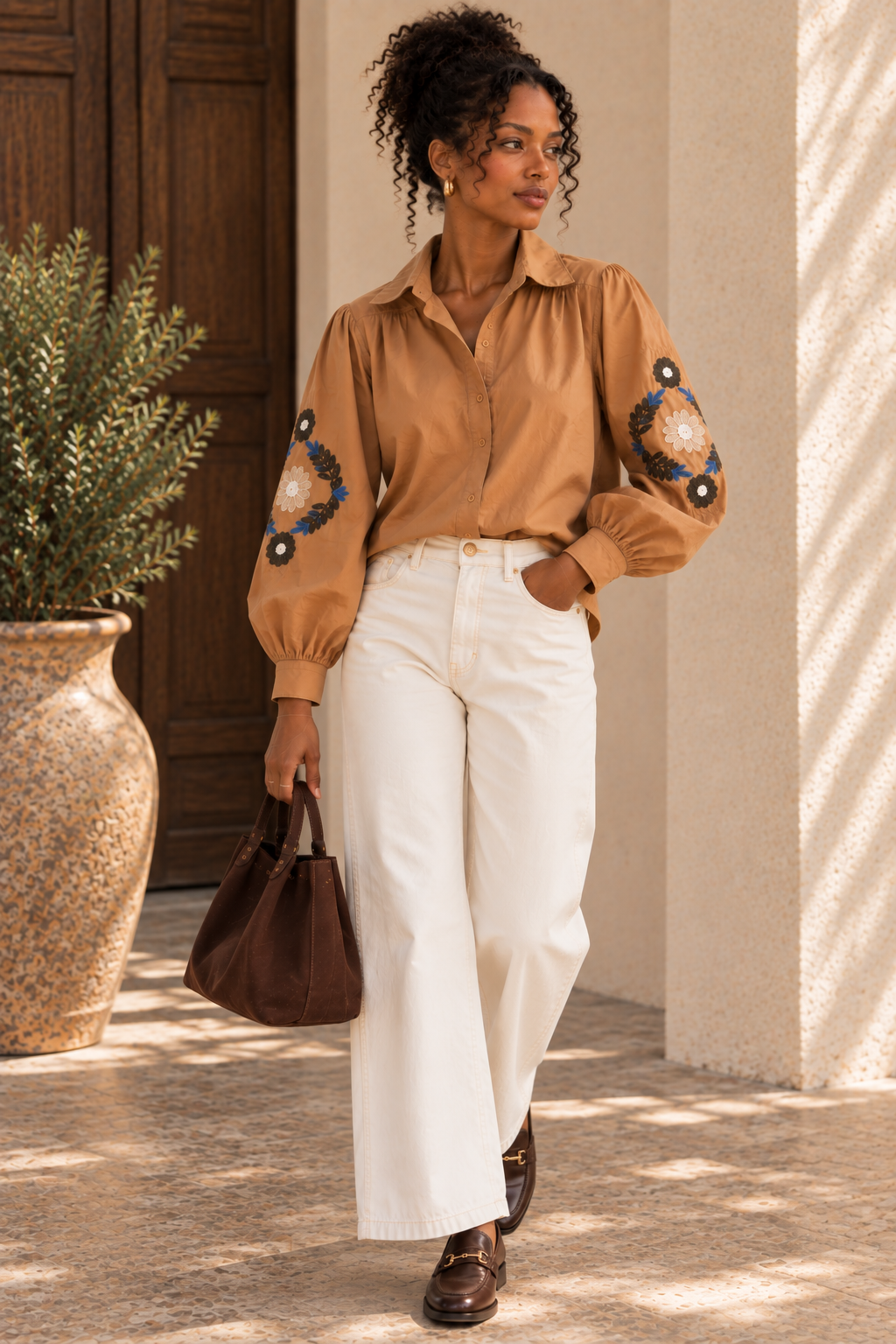 Chemise Manches Longues Camel Brodée LOUNAE