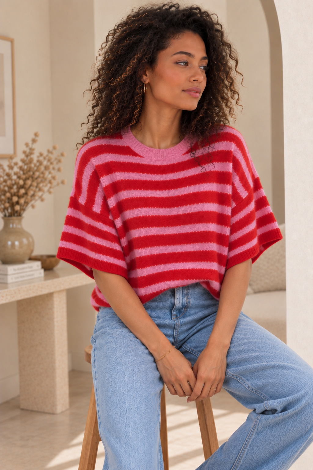 Pull Manches Courtes Rayé Rose et Rouge LOUNAE