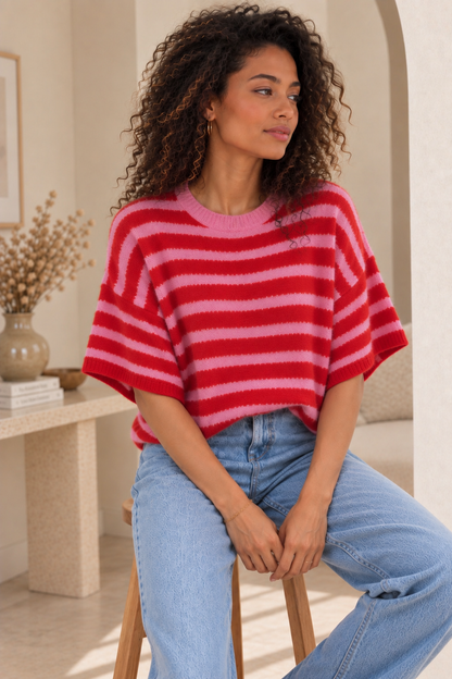 Pull Manches Courtes Rayé Rose et Rouge LOUNAE