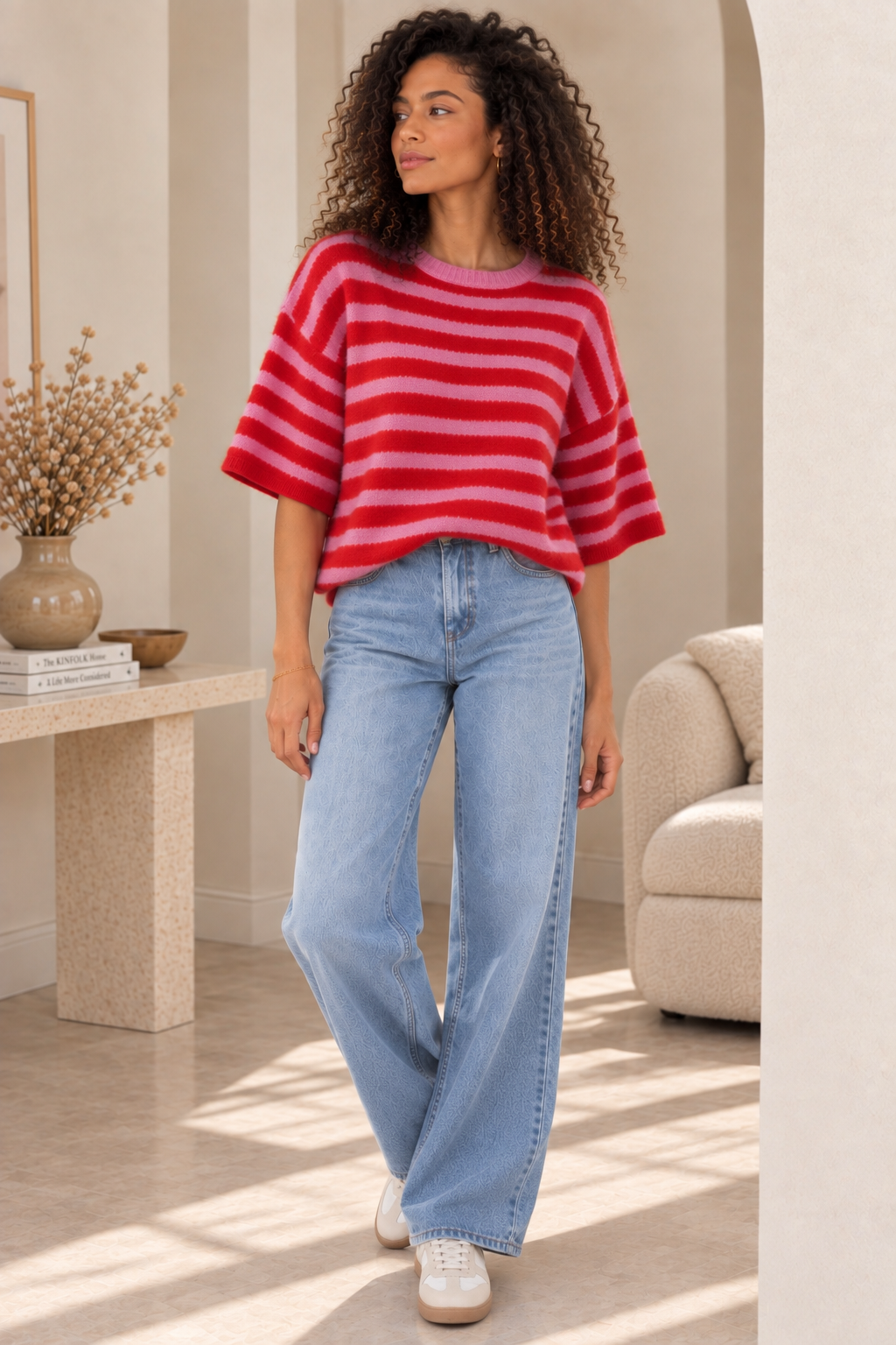 Pull Manches Courtes Rayé Rose et Rouge LOUNAE