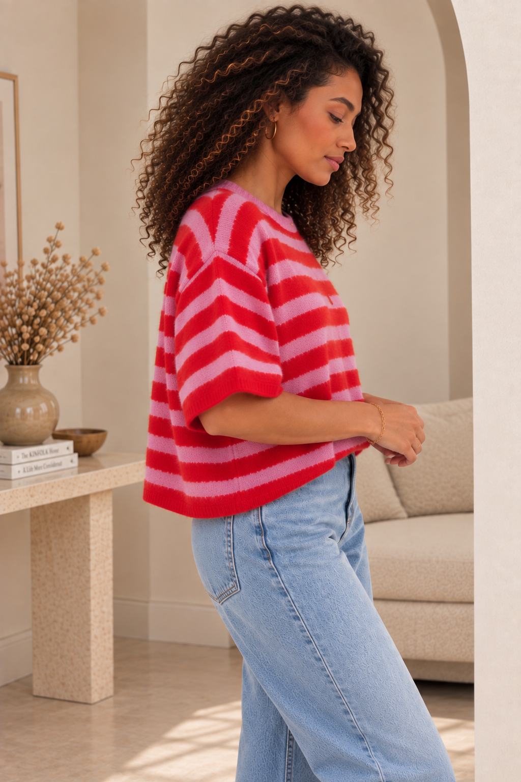 Pull Manches Courtes Rayé Rose et Rouge LOUNAE