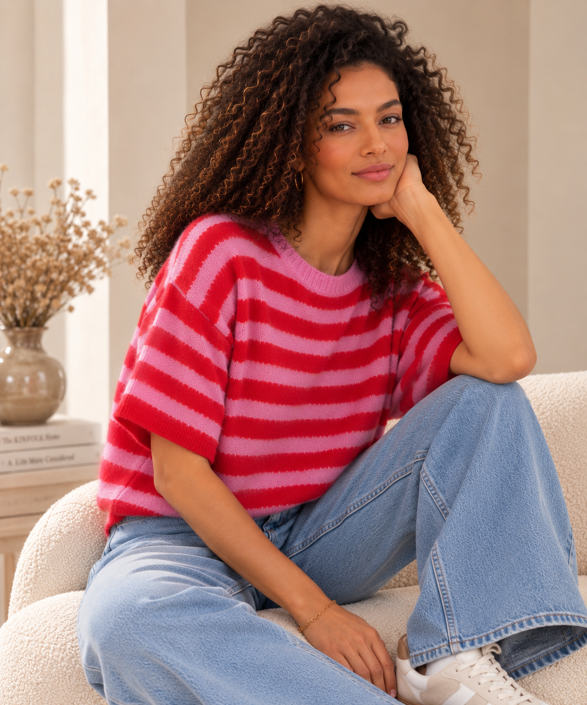 Pull Manches Courtes Rayé Rose et Rouge LOUNAE
