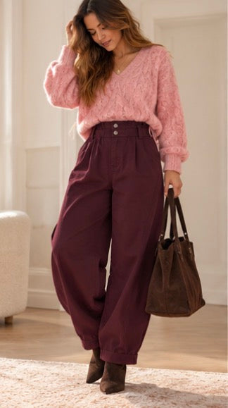 Pantalon Alba Barrel Couleur Prune en Coton LOUNAE