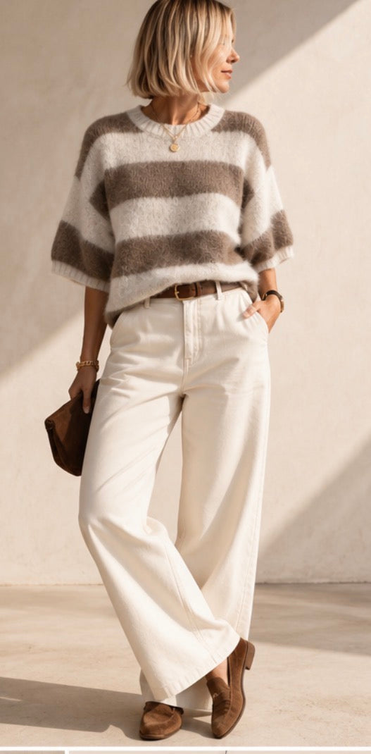 Pull Louise Duveteux Rayé Beige et Écru LOUNAE