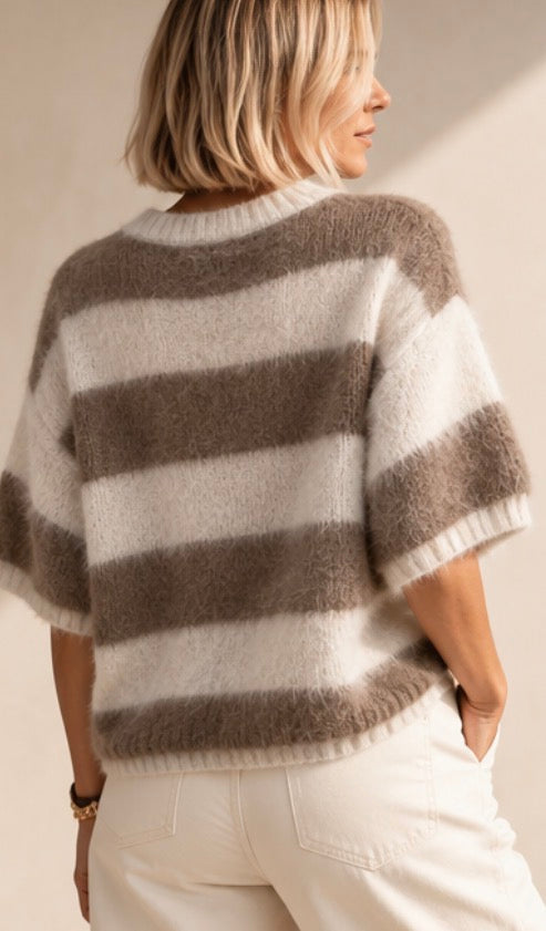 Pull Louise Duveteux Rayé Beige et Écru LOUNAE