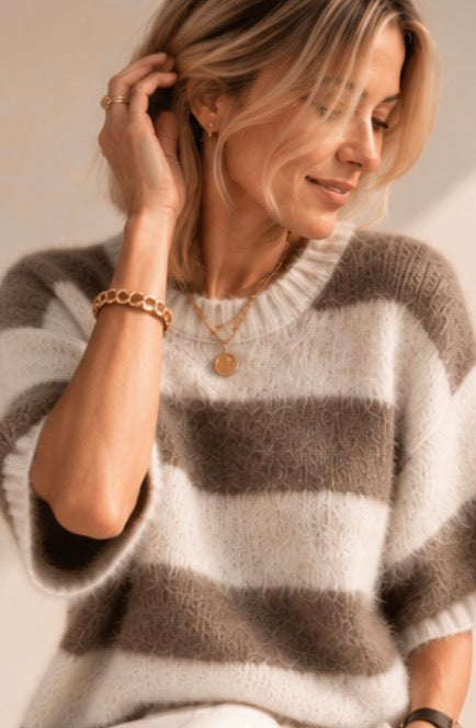 Pull Louise Duveteux Rayé Beige et Écru LOUNAE