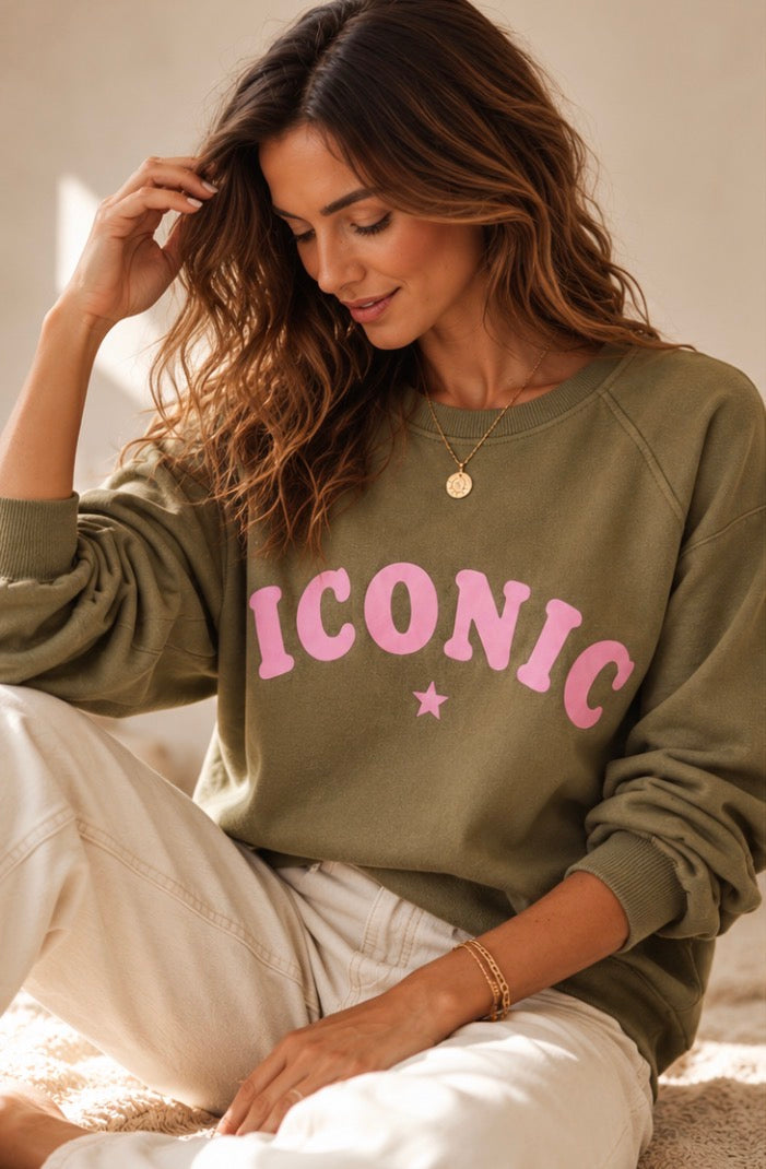 Sweat Femme Oversize Kaki Iconic Rose – 100 % Coton LOUNAE