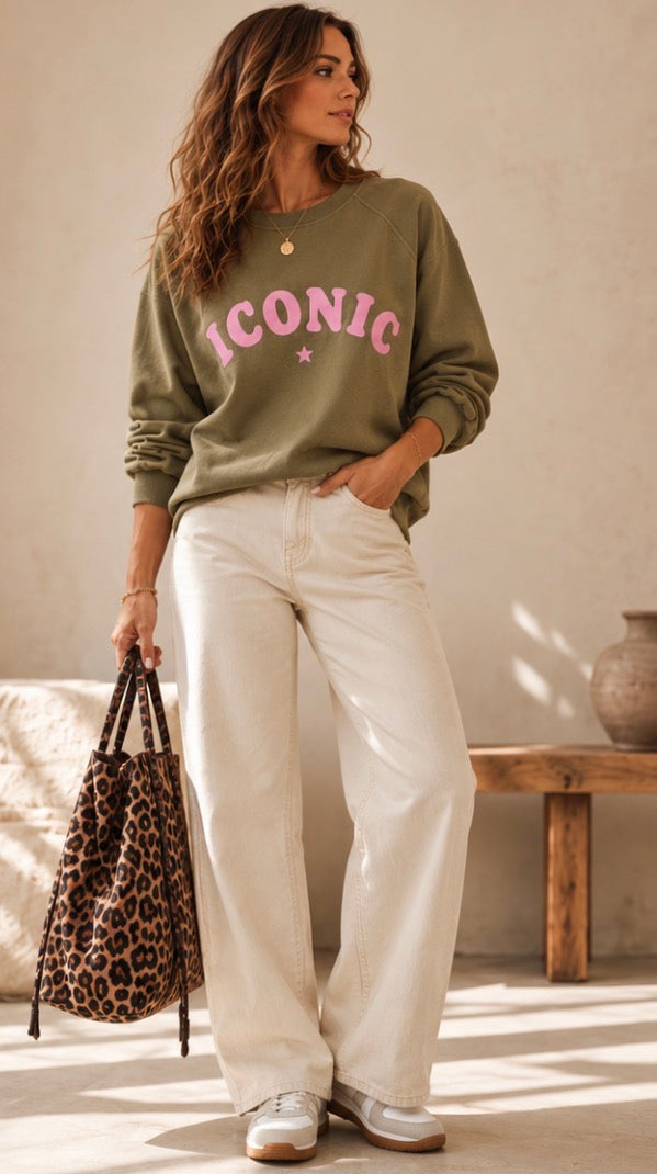 Sweat Femme Oversize Kaki Iconic Rose – 100 % Coton LOUNAE