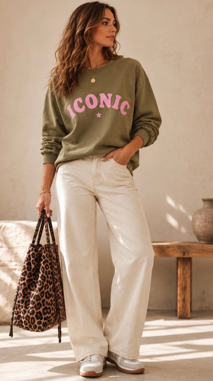 Sweat Femme Oversize Kaki Iconic Rose – 100 % Coton LOUNAE