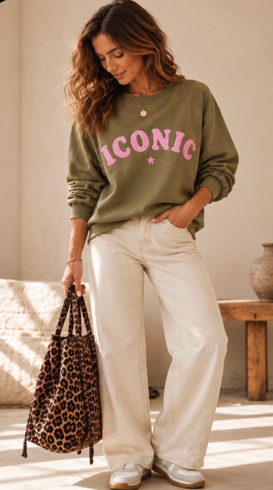 Sweat Femme Oversize Kaki Iconic Rose – 100 % Coton LOUNAE