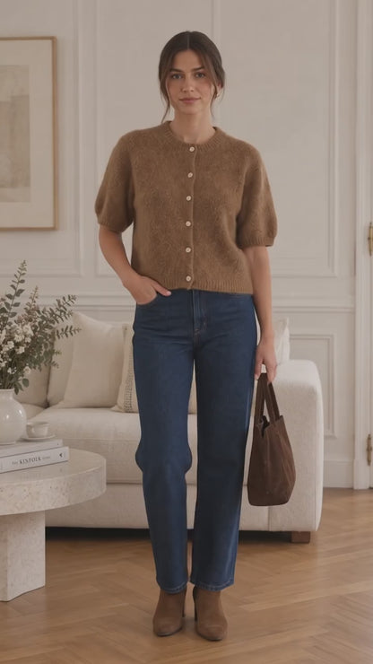 Cardigan manches courtes en kid mohair camel